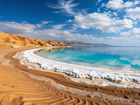 Salt flats where desert meets a turquoise lake under a blue sky