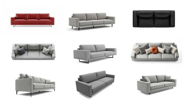 a collection of modern sofas in various colors and styles. Three sofas are shown in a top-down view, each with a different color scheme and cushion arrangement.
