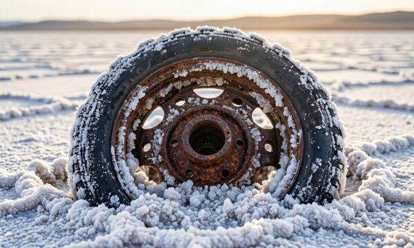 Close-up of car tire buried in deep snow during winter storm. Heavy tread vehicle wheel stuck in icy road conditions for emergency response.