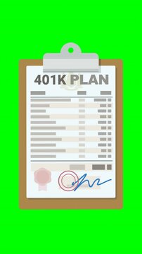 Animated clipboard holding a 401K retirement plan document being signed and stamped, symbolizing approved pension agreement. Chroma key green screen with alpha channel.