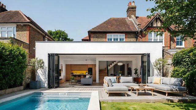 Modern house extension with open-plan living area, luxury outdoor patio and swimming pool in a suburban garden