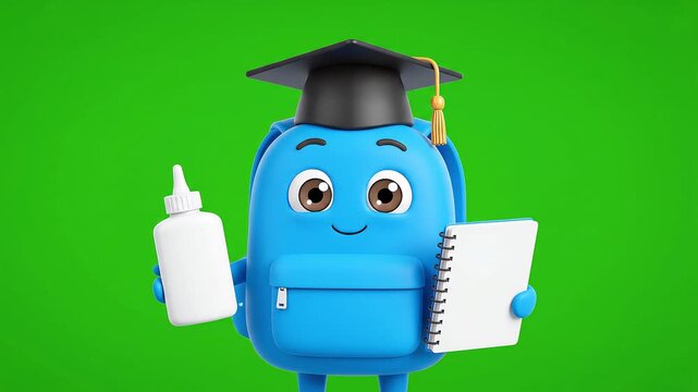 A cheerful blue cartoon backpack character wearing a graduation cap, holding a white glue bottle and a spiral notebook on a green screen background.