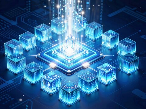 Central processor chip surrounded by data cubes on a blue circuit boar