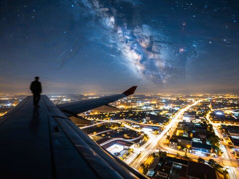 Aerial view of a city at night with the Milky Way galaxy visible in th