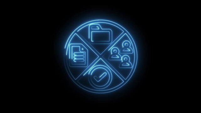 Neon glowing circular diagram with icons for document folder people and checkmark representing