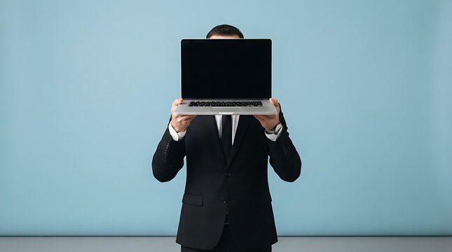A young businessman in a black suit holding an open laptop computer in front of his face on a blue background