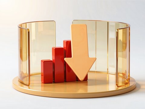 3D render of red bar chart and downward arrow inside a gold cylinder