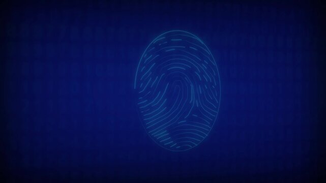 Biometric fingerprint scan animation displays abstract blue neon paths. Fingerprint security icon offers digital identity protection art. Security loop is clean.