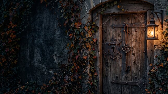 Photorealistic fantasy scene of an ancient wooden door set in a stone wall, weathered rustic wood with iron hinges and ornate keyhole, large antique key hanging on the door, glowing vintage lantern be