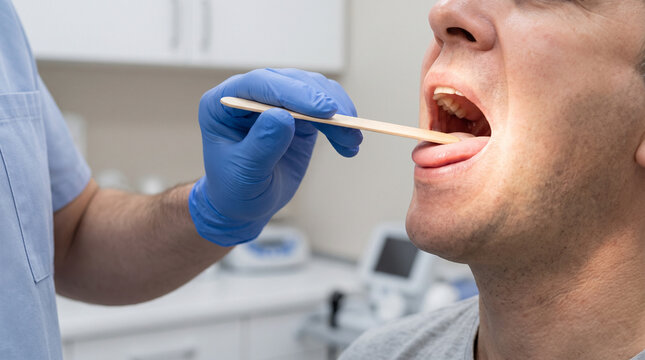 Doctor examining patient with tongue depressor in dental clinic