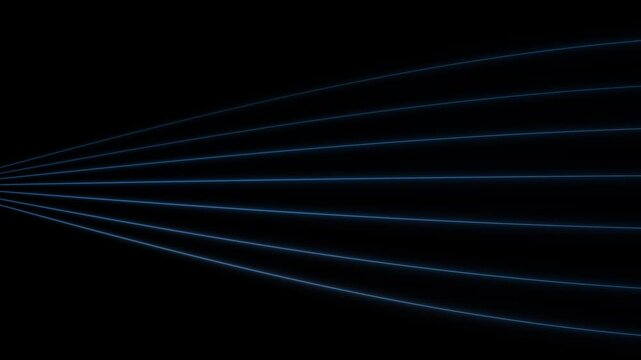 Blue neon lines abstract animation fans out light rays on black. Neon lines light backdrop provides futuristic graphic overlays. Abstract animation loop is clean.