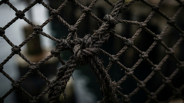 Close up of a dark brown fishing net with a large hole hanging over the water on a cloudy day at the harbor