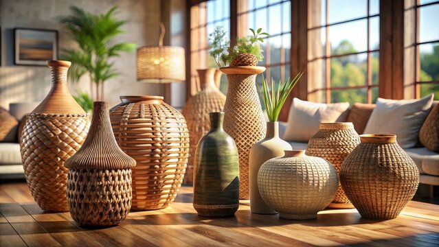 Woven vases on wooden coffee table