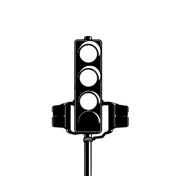 Continuous line drawing of three-lens traffic light on pole with single black stroke featuring minimal vector art and clean isolated design