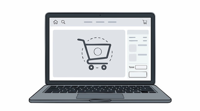 Modern Laptop Displaying Online Shopping Cart Icon and Website Interface Elements for E Commerce Concept