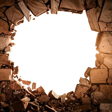 Broken wood brick wall round oval hole frame border with debris on floor, centered copy space, overlay element with alpha channel transparency