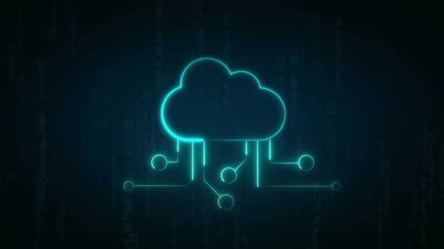 Cloud technology network animation links cyan neon icons to circuit nodes. Technology network cloud database highlights modern cloud server connections. Cloud loop is sleek.