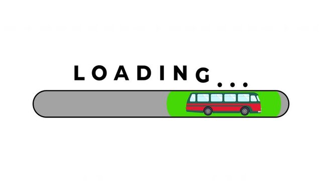 Bus loading progress bar with bouncing text animation. Ideal for travel apps, public transport websites, booking system buffering screens, vehicle tracking interfaces, mobile game load screens.