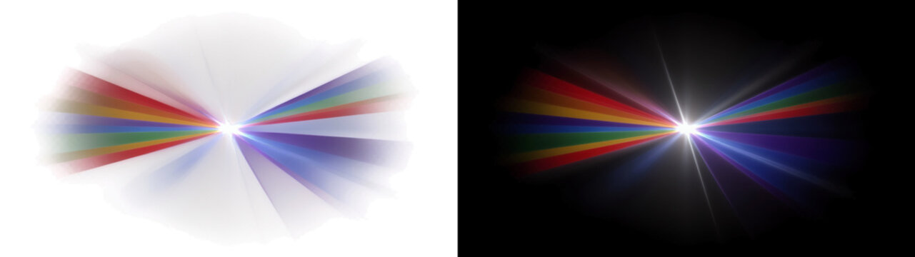 Rainbow prism beams spreading from a bright center, on transparent background