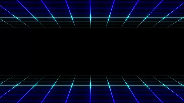 Retro synthwave grid perspective animation displays blue cyan neon lines. Grid perspective retro motion graphic offers synthwave video backdrops. Grid animation loop is clean.