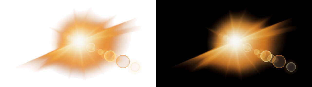 Warm orange lens flare with glowing bokeh circles, on transparent background