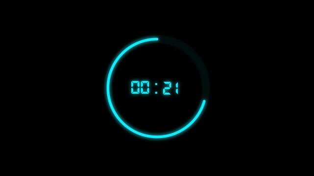 Countdown seconds timer animation displays cyan neon digital counter logs. Seconds timer countdown clock features eleven second numerical readouts. Timer animation is neat.