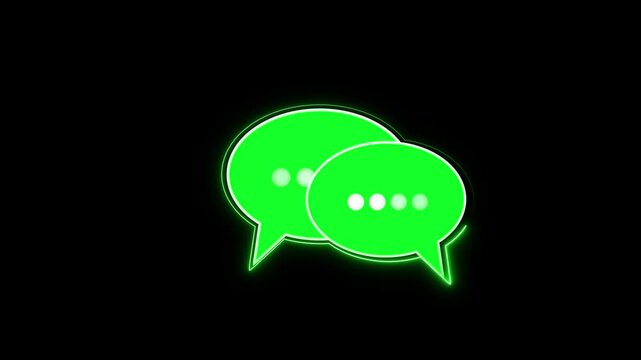 Chat message speech bubbles animation displays green neon double bubbles. Message speech chat icon features animated typing indicator dots. Chat message animation is sleek.