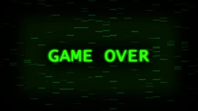 Game over video game text animation displays green neon glitch effects. Game over video game title screen features retro arcade failure logs. Text animation loop is clean.