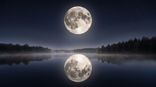 Enormous full moon reflected on calm lake at night, big bright supermoon in starry sky, perfect mirror reflection in water, misty fog over lake, pine forest silhouette in background, serene night land