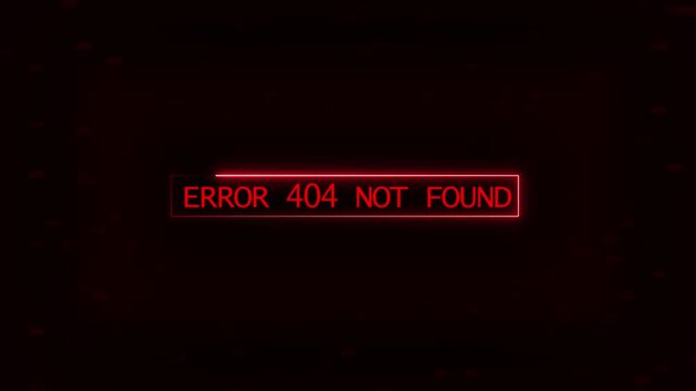 Text error 404 message animation displays red neon not found notices. Error 404 text message layout features dark digital network screens. Message animation design is neat.