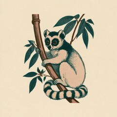Obraz premium Vintage lemur illustration climbing a leafy tree branch