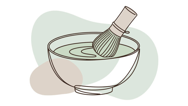 Traditional Japanese Matcha Tea Bowl and Bamboo Whisk Minimalist Line Art Illustration for Wellness, Detox and Mindfulness Branding Concepts