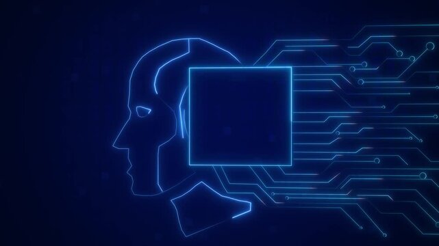 Artificial intelligence technology animation displays human head outlines. Intelligence technology CPU chip graphic features square circuit cogs. AI head animation is neat.