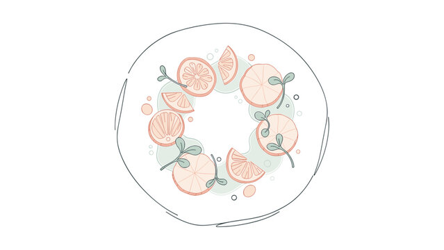 Top View of Sliced Citrus Fruits and Herbs on a Plate Minimalist Line Art Illustration for Fresh Food, Healthy Eating and Vitamin C Concepts