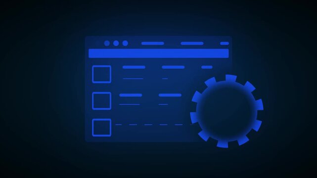 Technology interface window animation displays list items and cogs. Interface window technology dashboard features blue UI list controls. Interface loop is clean.