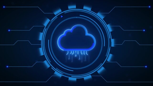 Technology cloud computing animation displays blue cloud storage icons. Cloud computing technology database features circular HUD frames. Cloud computing loop is sleek.