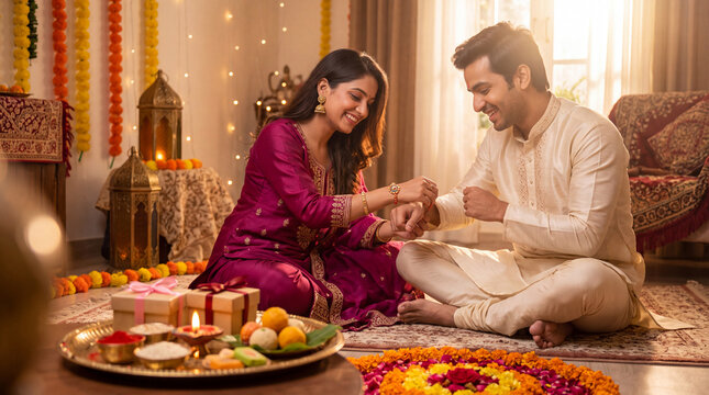 Indian siblings celebrating Raksha Bandhan. Sister tying rakhi thread on brother wrist.