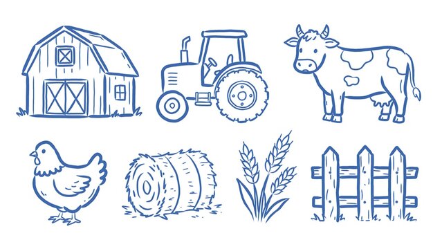 Hand drawn farm doodle illustration collection with barn tractor cow chicken hay bale wheat fence 