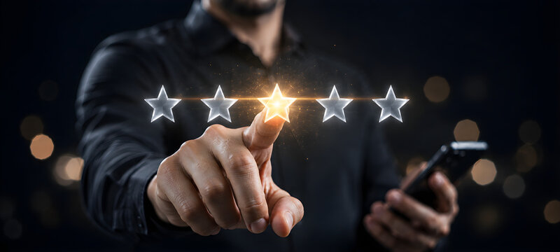 Businessman hand pressing glowing golden five star rating button for customer feedback evaluation concept

