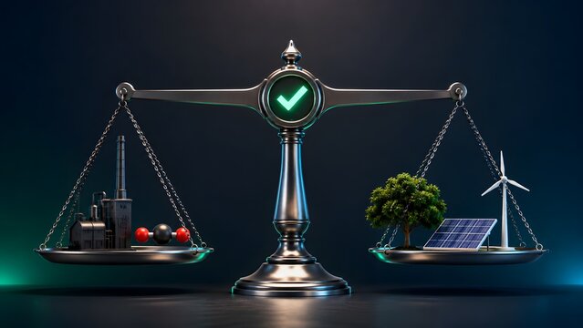 ESG compliance balance scale, carbon emission factory, renewable energy solar wind, environmental sustainability checkmark.