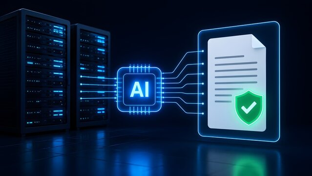 Artificial intelligence document security, automated compliance verification, smart contract processing, server network data protection.