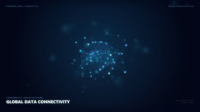 Futuristic cybernetic architecture visualization showing glowing blue plexus network nodes rotating in dark digital space, high tech global data connectivity abstract motion graphic shot.
