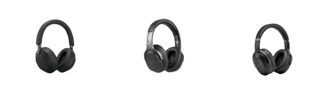 Black wireless over ear headphones set isolated transparent background, modern audio headset 3D render collection, noise cancelling earphone vector PNG asset for tech gadget catalog and music product 