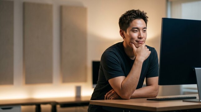 Premium Thai Korean Developer Smirking at Blank Monitor for AI Debugging Code Mockup Copyspace