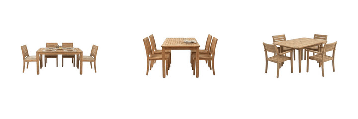 Fototapeta premium Wooden dining table and chairs set isolated transparent background, modern timber patio furniture 3D render collection, natural teak dining room set view, interior decor furniture vector PNG asset for