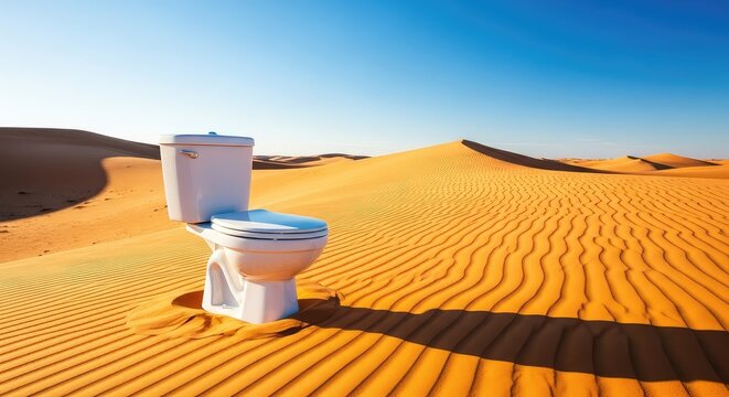 A pristine white ceramic toilet stands alone amidst vast golden sand dunes under a clear blue sky, creating a surreal and lonely scene, sandstorm, sand, empty