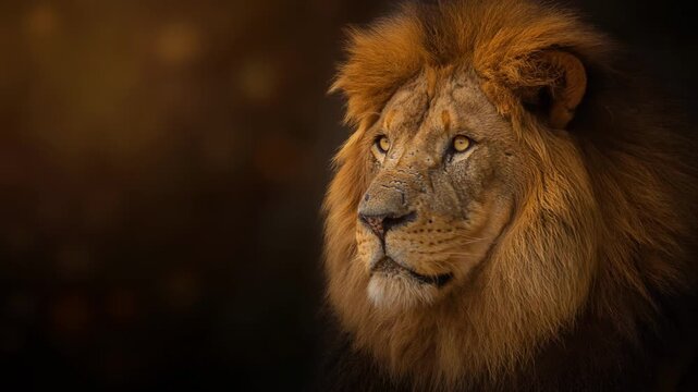 A majestic lion with a golden mane gazes intensely into the fading light in a stunning wildlife scene