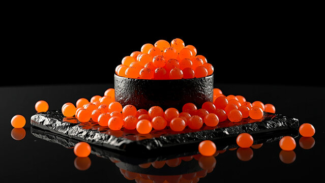 Bright orange salmon roe piled high in a black bowl on a dark slate plate