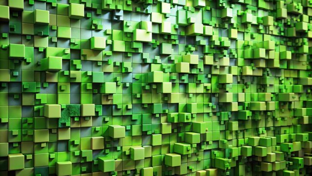Textured green pixel puzzle wall composed of various shaded blocks creating a vibrant abstract pattern