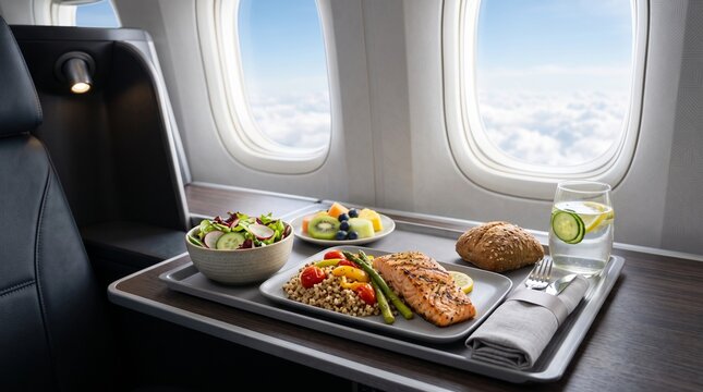 A gourmet inflight meal featuring grilled salmon, fresh salad, fruits, and bread served in business class next to an airplane window
